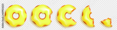 Realistic set of whole and bitten donuts isolated on transparent background. Vector illustration of yummy pieces of sweet circle snack decorated with glossy yellow glaze. Tasty dessert top view