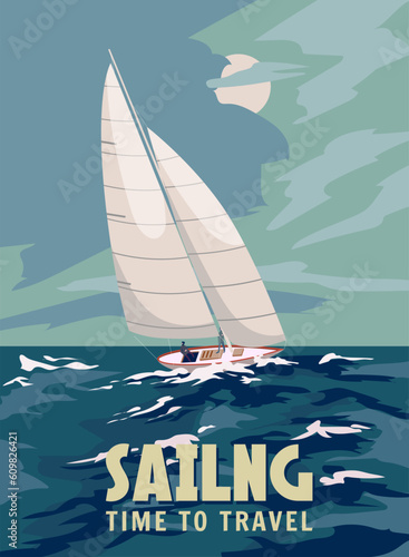 Ship Sailboat during a storm poster retro, sailing ship on the ocean, sea, stormy sky, sea waves. Vector illustration vintage