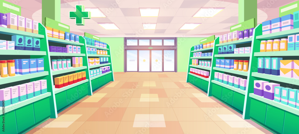 Medical pharmacy shop interior vector illustration. Drug store cartoon shelves with medicine product in hospital. Pharmaceutical aisle merchandise retail vitamins packaging showcase with nobody