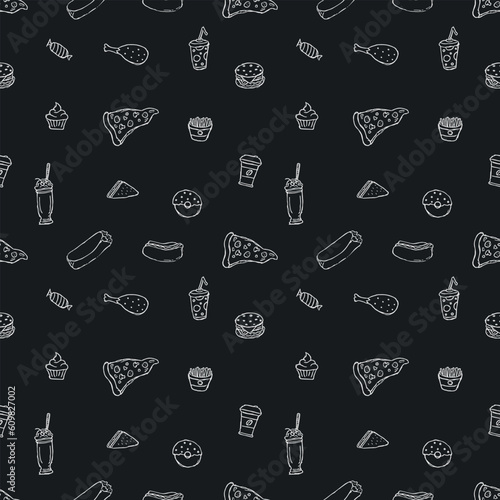Seamless fast food pattern. fast food background. Doodle fastfood icons. Drawn food pattern