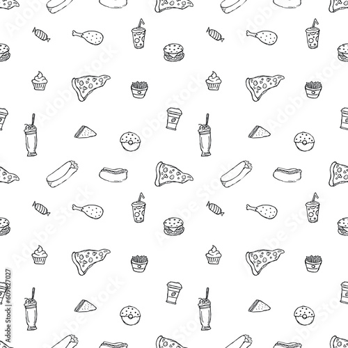 Seamless fast food pattern. fast food background. Doodle fastfood icons. Drawn food pattern