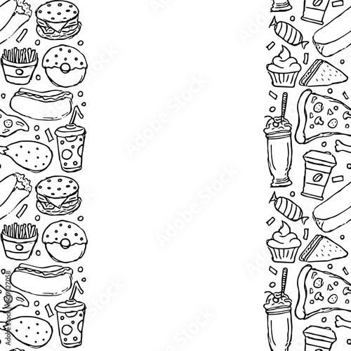 fast food background with place for text. Doodle fastfood icons. Drawn food illustration