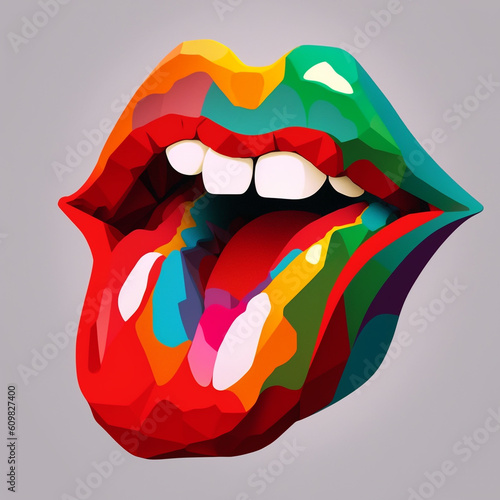 Pop art colorful red lips. Sexy woman's Half-open mouth, licking, tongue sticking out low poly, pop art style Generative AI
