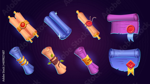 Magic scroll parchment ui game icon cartoon vector icon. Fantasy ancient papyrus for old treasure or message letter. Medieval wizard spell roll isolated object set. Witchcraft vintage scripture design