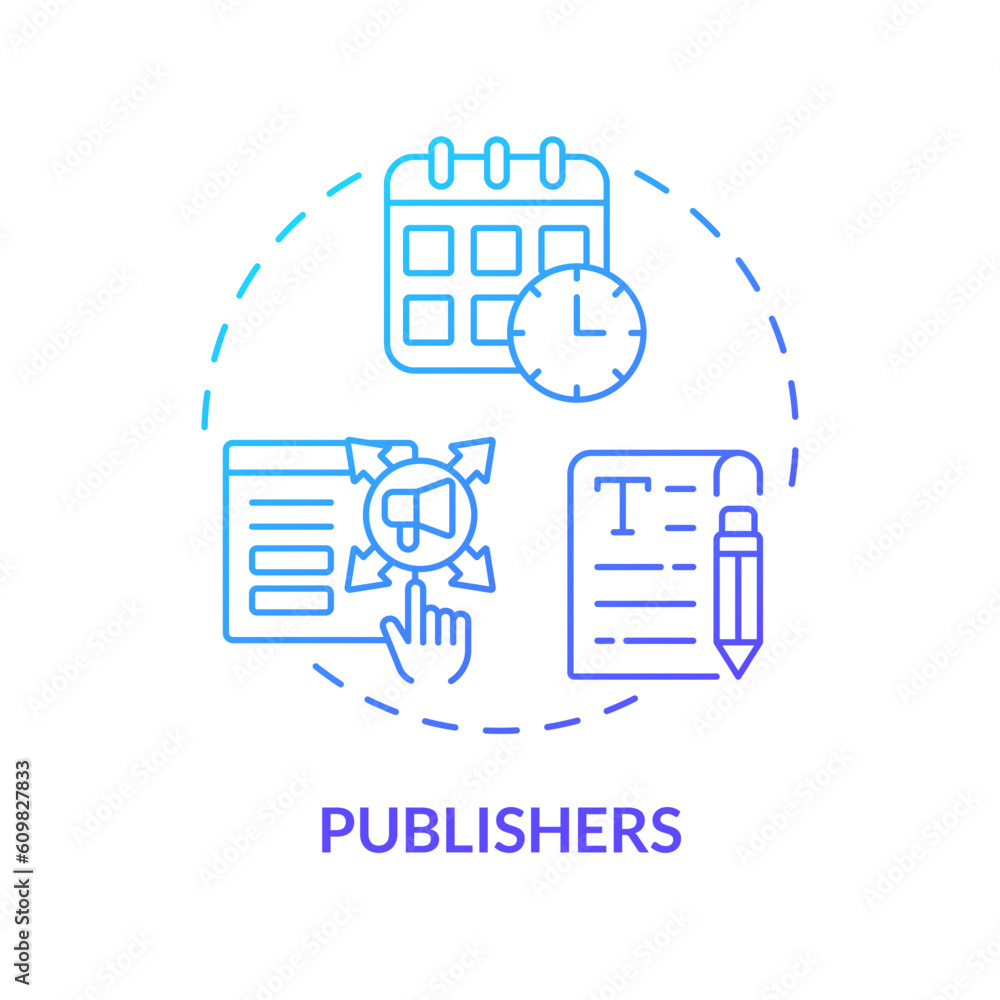 Publishers blue gradient concept icon. News website. Online magazine. Social media. Digital content. Marketing plan. Publish online abstract idea thin line illustration. Isolated outline drawing Publishers blue gradient concept icon. News website. Online magazine. Social media. Digital content. Marketing plan. Publish online abstract idea thin line illustration. Isolated outline drawing