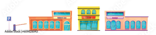 Parking grocery store building exterior vector set. Grocery retail supermarket front view illustration with toy market and boutique. Barrier and sign asset collection for commercial outdoor scene