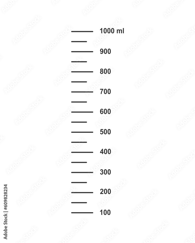 Scale with 1 liter or 1000 ml liquid volume for cooking measuring cups or chemistry flasks isolated on white background. Vector graphic illustration. Scale with 1 liter or 1000 ml liquid volume for cooking measuring cups or chemistry flasks isolated on white background. Vector graphic illustration.