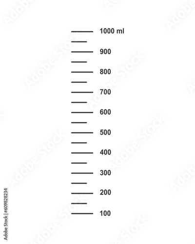 Scale with 1 liter or 1000 ml liquid volume for cooking measuring cups or chemistry flasks isolated on white background. Vector graphic illustration.