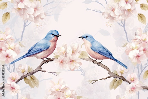 Pair of blue birds in spring nature. Pastel color style in blue tones - Generative AI