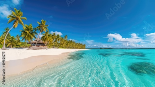 Tropical paradise beach with white sand and crystal clear blue water. Travel tourism.