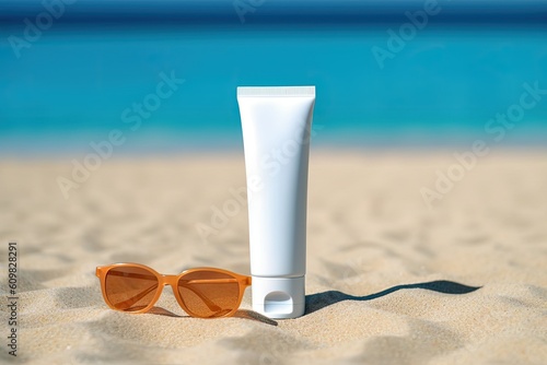 Sunscreen on sandy beach with sunglasses. Generative AI
