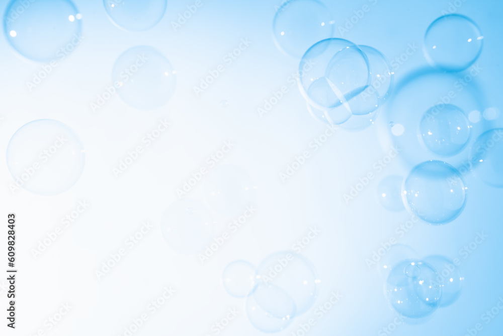 Beautiful Transparent Blue Soap Bubbles Abstract Background. White Blank Space. Celebration Festive Backdrop. Freshness Soap Suds Bubbles Water	
