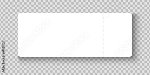 Blank event ticket, lottery or flyer template. White entry ticket mockup for airplane, concert, cinema, museum, festival, theater, exhibition on transparent background. Vector realistic illustration