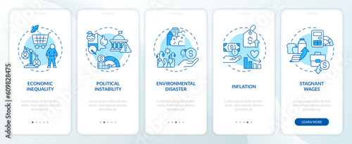 Cost of living crisis reasons blue onboarding mobile app screen. Walkthrough 5 steps editable graphic instructions with linear concepts. UI, UX, GUI template. Myriad Pro-Bold, Regular fonts used