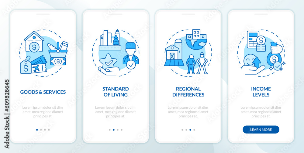 Cost of living concepts blue onboarding mobile app screen. Well being walkthrough 4 steps editable graphic instructions with linear concepts. UI, UX, GUI template. Myriad Pro-Bold, Regular fonts used Cost of living concepts blue onboarding mobile app screen. Well being walkthrough 4 steps editable graphic instructions with linear concepts. UI, UX, GUI template. Myriad Pro-Bold, Regular fonts used