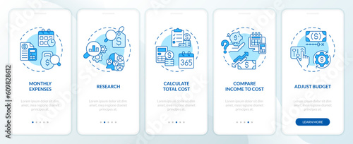 Calculate costs of living blue onboarding mobile app screen. Money expense walkthrough 5 steps editable graphic instructions with line concepts. UX, GUI template. Myriad Pro-Bold, Regular fonts used photo