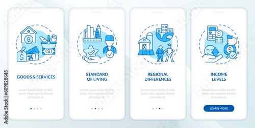Cost of living concepts blue onboarding mobile app screen. Well being walkthrough 4 steps editable graphic instructions with linear concepts. UI, UX, GUI template. Myriad Pro-Bold, Regular fonts used