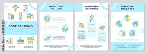 Cost of living turquoise brochure template. Basic need. Leaflet design with linear icons. Editable 4 vector layouts for presentation, annual reports. Arial-Black, Myriad Pro-Regular fonts used