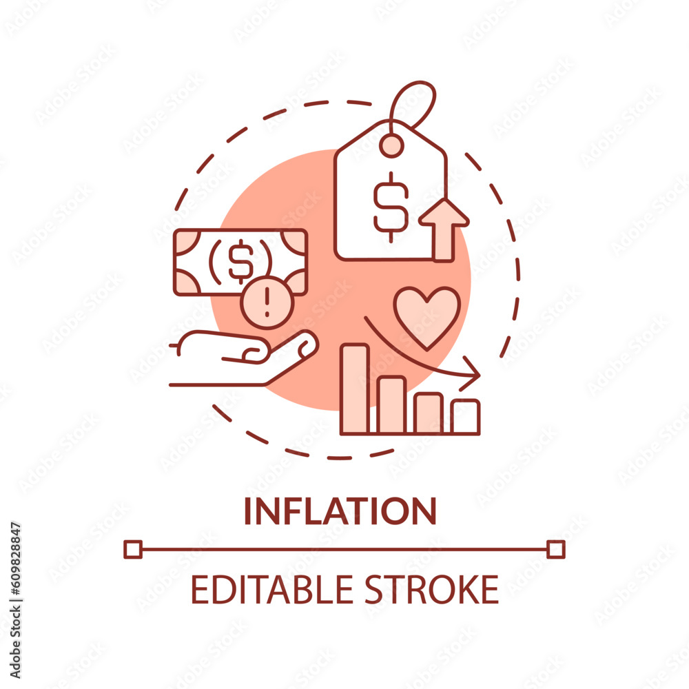 Obraz premium Inflation red concept icon. Rising cost. Consumer price index. Personal finance. Household budget. Financial crisis abstract idea thin line illustration. Isolated outline drawing. Editable stroke