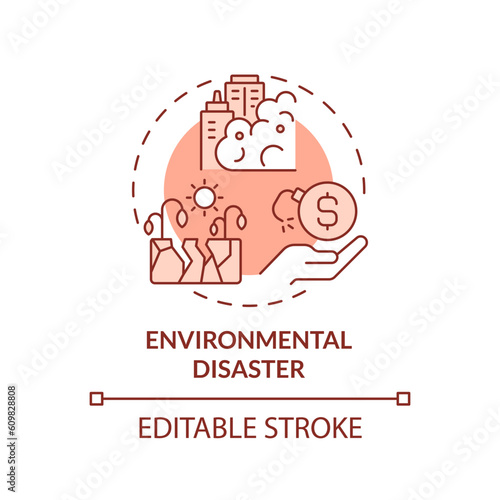 Environmental disaster red concept icon. Climate change. Negative impact. Insurance cost. Environmental damage abstract idea thin line illustration. Isolated outline drawing. Editable stroke