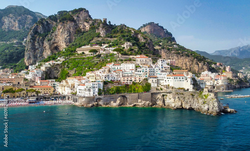 Panoramic aerial view of Amalfi coastline from a moving drone  Campania - Italy.