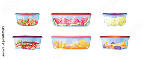 Leftover plastic lunch food containers for salad storage vector icon set. Vegetable and fruit meal takeaway for picnic. Cooked vegetarian fresh mealtime with mushroom glass packaging cover clipart.