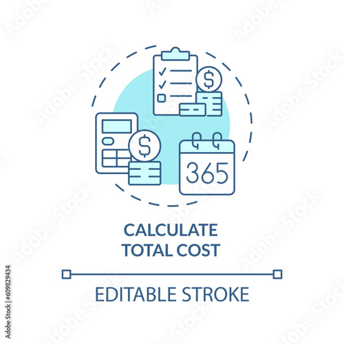 Calculate total cost turquoise concept icon. Financial planning. Saving money. Finance analysis. Budget management abstract idea thin line illustration. Isolated outline drawing. Editable stroke