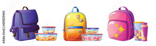Plastic lunch food container for school backpack vector isolated illustration. Salat and vegetable storage icon clipart, spaghetti and fruit takeaway packaging cartoon set. Prepared meal for kid