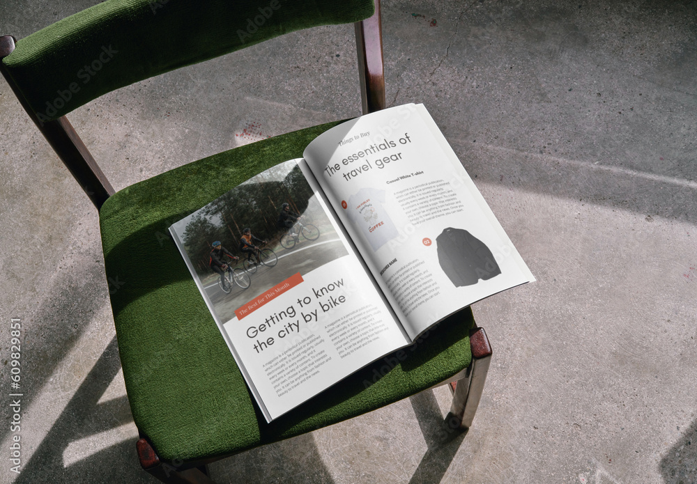Mockup of open A4 magazine with customizable content on chair Stock ...