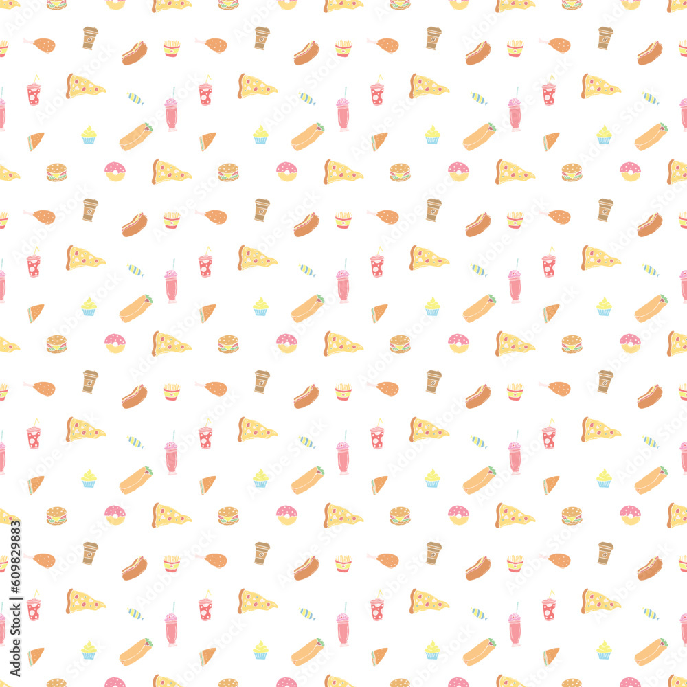 Obraz premium Seamless fast food pattern. fast food background. Doodle fastfood icons. Drawn food pattern