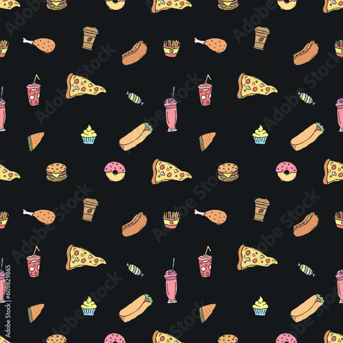 Seamless fast food pattern. fast food background. Doodle fastfood icons. Drawn food pattern