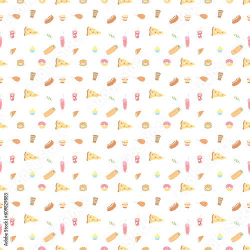 Seamless fast food pattern. fast food background. Doodle fastfood icons. Drawn food pattern