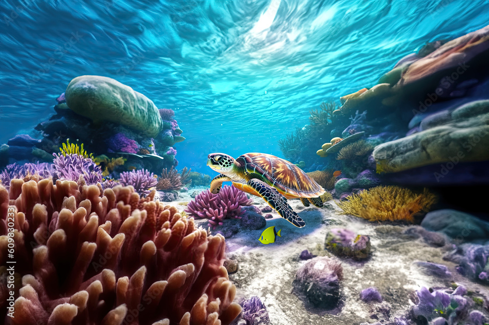 Fototapeta premium Sea turtle background created with Generative AI technology