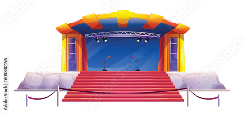 Music concert stage in park for show or outdoor festival event cartoon vector isolated on white background. Rock dance performance open stadium with red stairs. Theater or club podium with microphone