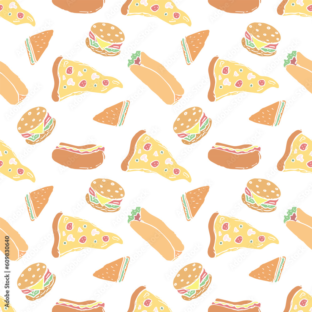 Seamless fast food pattern. fast food background. Doodle fastfood icons. Drawn food pattern Seamless fast food pattern. fast food background. Doodle fastfood icons. Drawn food pattern