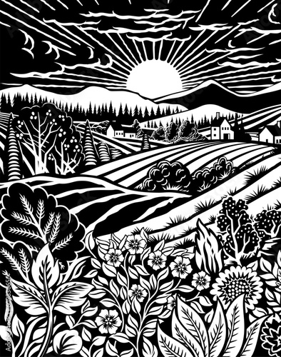 Rolling hills, fields and farm or vineyards background illustration. Wild flowers, plants in foreground. Forests, mountains in background. In intage retro woodcut or lino print or linoleum cut style photo