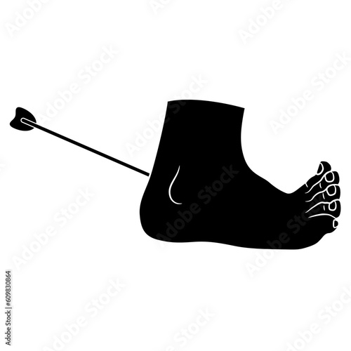 Achilles heel. Bare human foot pierced with an arrow. Metaphor for week spot. Ancient Greek mythology. Black and white silhouette. 