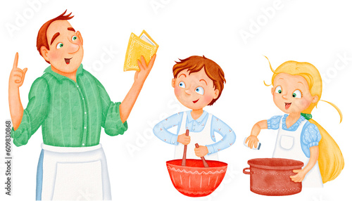 Family is preparing dinner or lunch. Dad teaches children to cook, reads a book. Son and daughter in aprons have fun and help the elders. Teenagers salt and interfere with food. Watercolor digital set