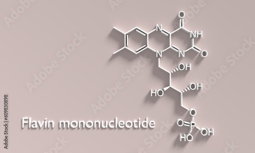 Chemical formula of flavin mononucleotide. Skeletal formula. 3D render. photo