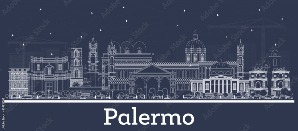 Outline Palermo Italy City Skyline with White Buildings. Palermo Sicily Cityscape with Landmarks.