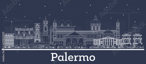 Outline Palermo Italy City Skyline with White Buildings. Palermo Sicily Cityscape with Landmarks.