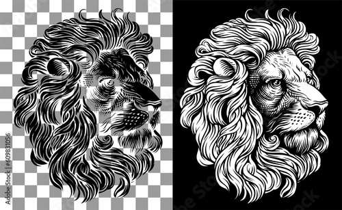 Lion Lions Head Woodcut Vin...