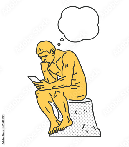 考える人がスマホを見ながら何かを考えているイメージイラスト素材