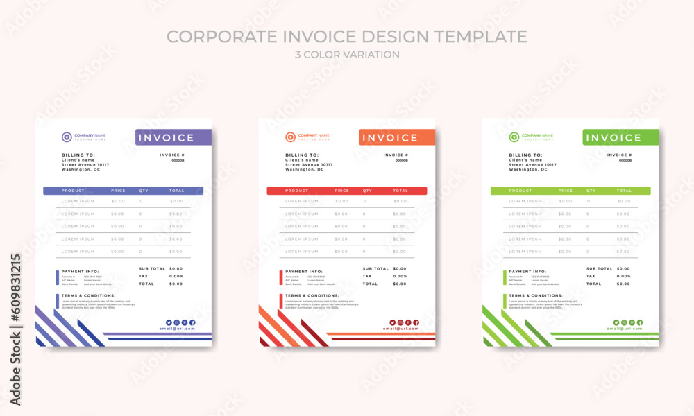 Corporate clean invoice template vector design with 3 color theme variation. Corporate clean invoice template vector design with 3 color theme variation.