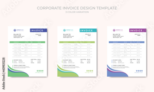 Corporate clean invoice template vector design with 3 color theme variation.