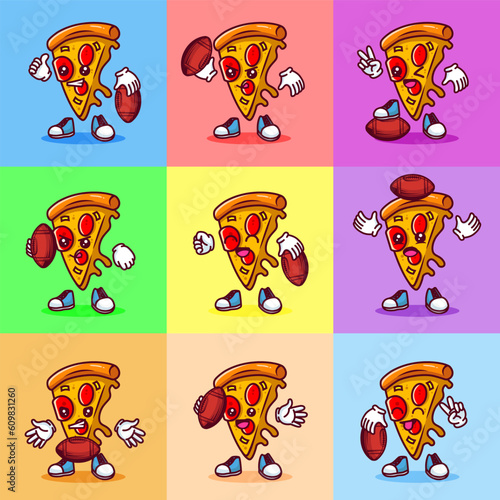 Set of Vector illustration of kawaii pizza cartoon character with baseball bat and ball. Vector eps 10