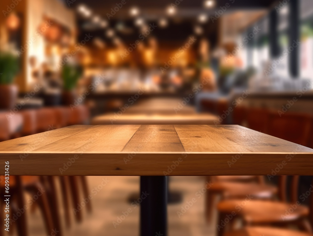 Empty wooden table space platform and blurry defocused restaurant interior