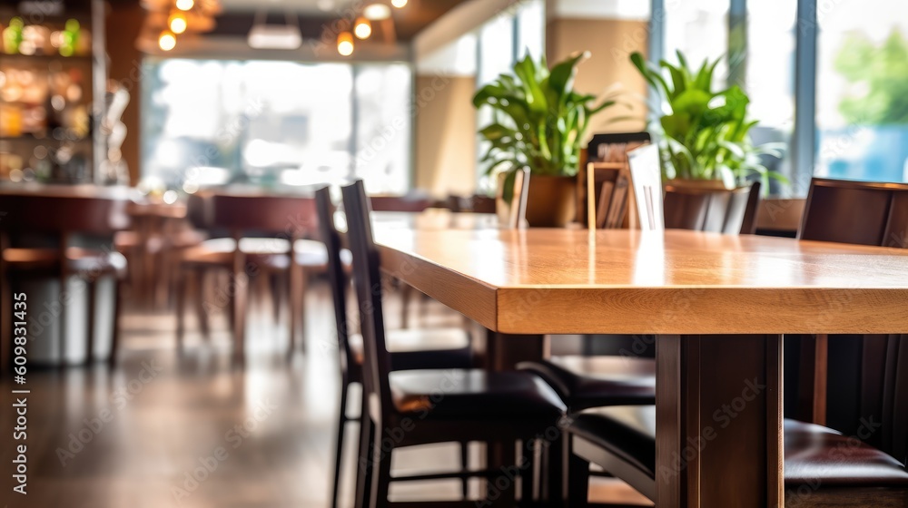 Empty wooden table space platform and blurry defocused restaurant interior