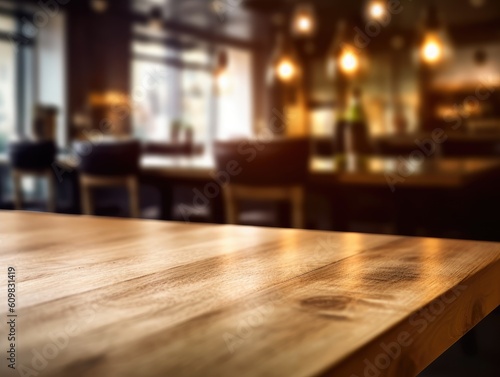 Empty wooden table space platform and blurry defocused restaurant interior