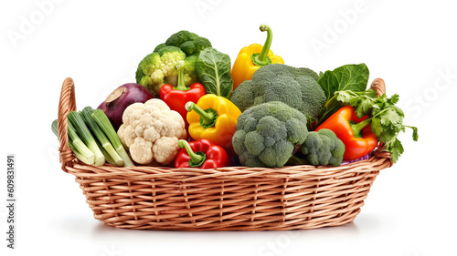 Wicker basket full of fresh vegetables on white background, isolated, farmers market © HelgaQ